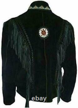 Native American Indian Black Cowboy Suede Leather Coat Fringed & Beaded Jacket