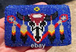 Native American Indian Leather Back Glass Hand Beaded Belt Buckle Scull Feathers