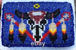 Native American Indian Leather Back Glass Hand Beaded Belt Buckle Scull Feathers