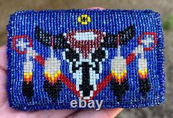 Native American Indian Leather Back Glass Hand Beaded Belt Buckle Scull Feathers