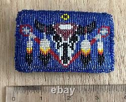 Native American Indian Leather Back Glass Hand Beaded Belt Buckle Scull Feathers