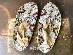 Native American Indian Moccasins Geometric Beaded Yellow & White