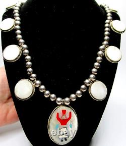 Native American Inlaid Mother of Pearl Silver Beaded Vintage Necklace