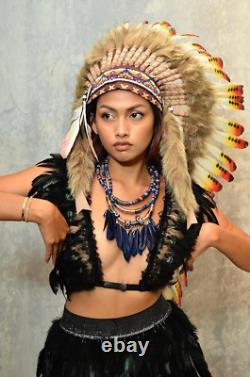 Native American Inspired Headdress Handcrafted with Genuine Feathers and Beads