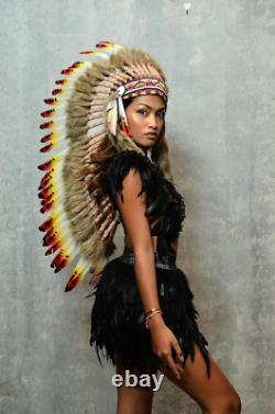 Native American Inspired Headdress Handcrafted with Genuine Feathers and Beads