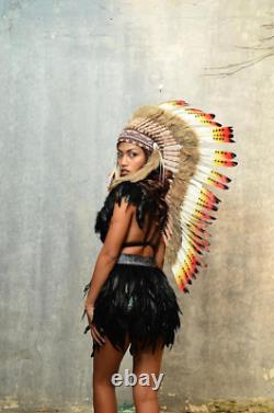 Native American Inspired Headdress Handcrafted with Genuine Feathers and Beads