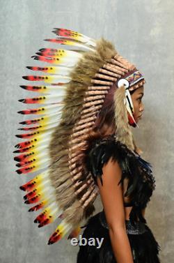 Native American Inspired Headdress Handcrafted with Genuine Feathers and Beads