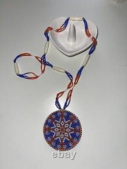 Native American Jewelry Handmade Beaded Rosette Medallion Necklace Artwork (NEW)