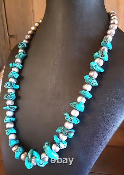 Native American Kingman Turquoise & Potato Pearls 925 Sterling Silver Necklace