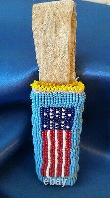 Native American Knife Pouch Hand Seed Beaded withAmerican Flag