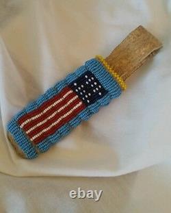 Native American Knife Pouch Hand Seed Beaded withAmerican Flag