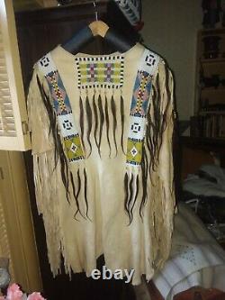 Native American Lakota Style Inspired Brain Tanned Leather Beaded Shirt
