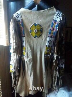 Native American Lakota Style Inspired Brain Tanned Leather Beaded Shirt