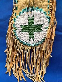 Native American Leather Bead Fringe Bag Crafted Artist Charles Hazel Fast Horse