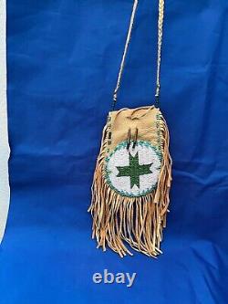 Native American Leather Bead Fringe Bag Crafted Artist Charles Hazel Fast Horse