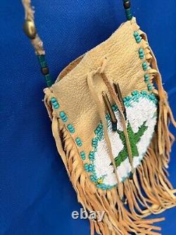 Native American Leather Bead Fringe Bag Crafted Artist Charles Hazel Fast Horse