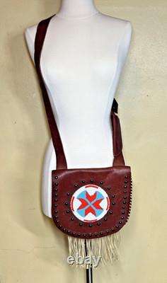 Native American Leather Crossbody Purse Bag Knife Sheath Strap Fringe Beaded