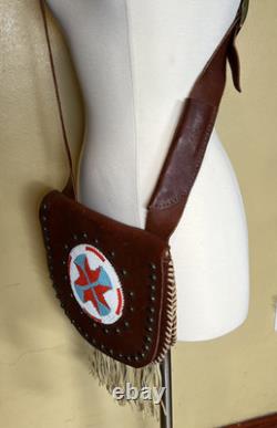 Native American Leather Crossbody Purse Bag Knife Sheath Strap Fringe Beaded