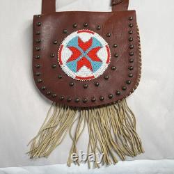Native American Leather Crossbody Purse Bag Knife Sheath Strap Fringe Beaded