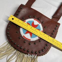 Native American Leather Crossbody Purse Bag Knife Sheath Strap Fringe Beaded