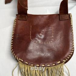 Native American Leather Crossbody Purse Bag Knife Sheath Strap Fringe Beaded