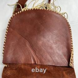 Native American Leather Crossbody Purse Bag Knife Sheath Strap Fringe Beaded