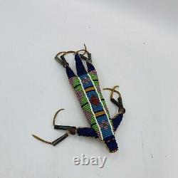 Native American Leather Fetish Beaded Lizard Amulet Tassels Effigy