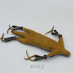 Native American Leather Fetish Beaded Lizard Amulet Tassels Effigy