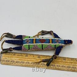 Native American Leather Fetish Beaded Lizard Amulet Tassels Effigy