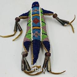 Native American Leather Fetish Beaded Lizard Amulet Tassels Effigy