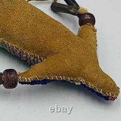 Native American Leather Fetish Beaded Lizard Amulet Tassels Effigy