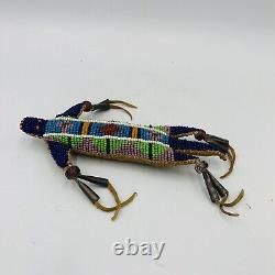 Native American Leather Fetish Beaded Lizard Amulet Tassels Effigy