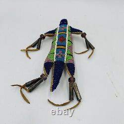 Native American Leather Fetish Beaded Lizard Amulet Tassels Effigy