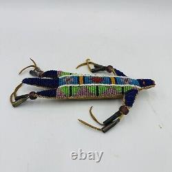 Native American Leather Fetish Beaded Lizard Amulet Tassels Effigy