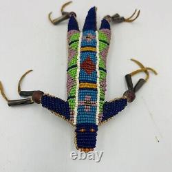 Native American Leather Fetish Beaded Lizard Amulet Tassels Effigy