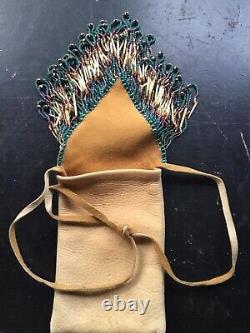 Native American Leather Suede Medicine Bag, Beaded Tobacco Pouch