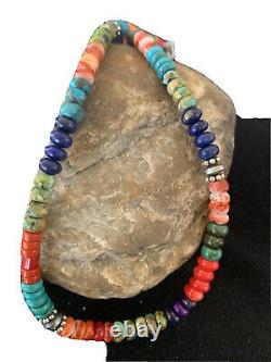 Native American Multicolor Treasure Turquoise Sterling Silver Necklace 15 01406