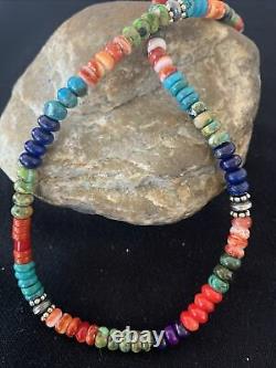 Native American Multicolor Treasure Turquoise Sterling Silver Necklace 15 01406