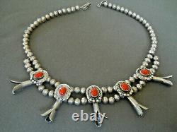 Native American Navajo Coral Sterling Silver Squash Blossom Bead Necklace