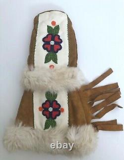 Native American Navajo Handmade Gauntlet Glove MittensLeather, Fur, Beads