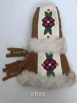 Native American Navajo Handmade Gauntlet Glove MittensLeather, Fur, Beads