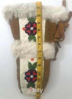Native American Navajo Handmade Gauntlet Glove MittensLeather, Fur, Beads