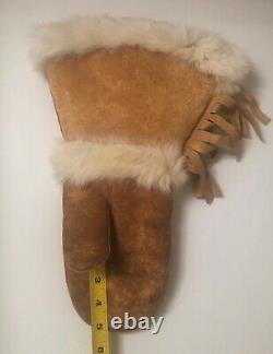 Native American Navajo Handmade Gauntlet Mitten GlovesLeather, Fur, Beads MED/L