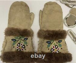 Native American Navajo Mitten Gloves Leather Fur Beads Belt & Coin Purse Antique