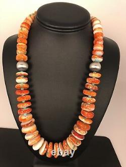 Native American Navajo Orange Spiny Oyster Turquoise Sterling Silver Necklace 22