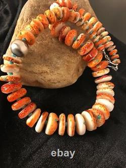 Native American Navajo Orange Spiny Oyster Turquoise Sterling Silver Necklace 22