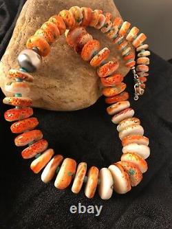 Native American Navajo Orange Spiny Oyster Turquoise Sterling Silver Necklace 22