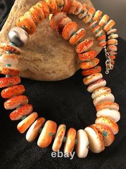 Native American Navajo Orange Spiny Oyster Turquoise Sterling Silver Necklace 22