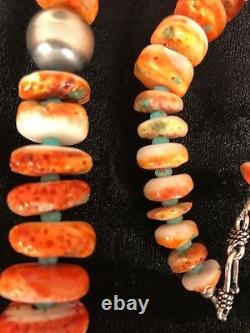 Native American Navajo Orange Spiny Oyster Turquoise Sterling Silver Necklace 22