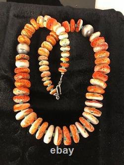 Native American Navajo Orange Spiny Oyster Turquoise Sterling Silver Necklace 22